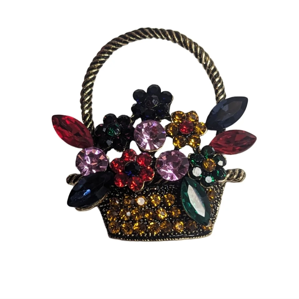 Vintage Multicolor Rhinestone Flower‎ Basket Brooch